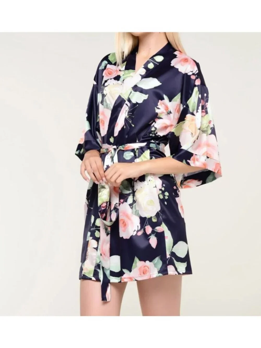 Turquaz Carmen Floral Satin Kimono Robe Navy Blue Rose Wrap Tie Waist Sz LG